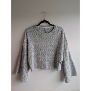 Lush Womens M Cropped Sweater Gray Marled Knit Wide Bell Sleeve Cotton